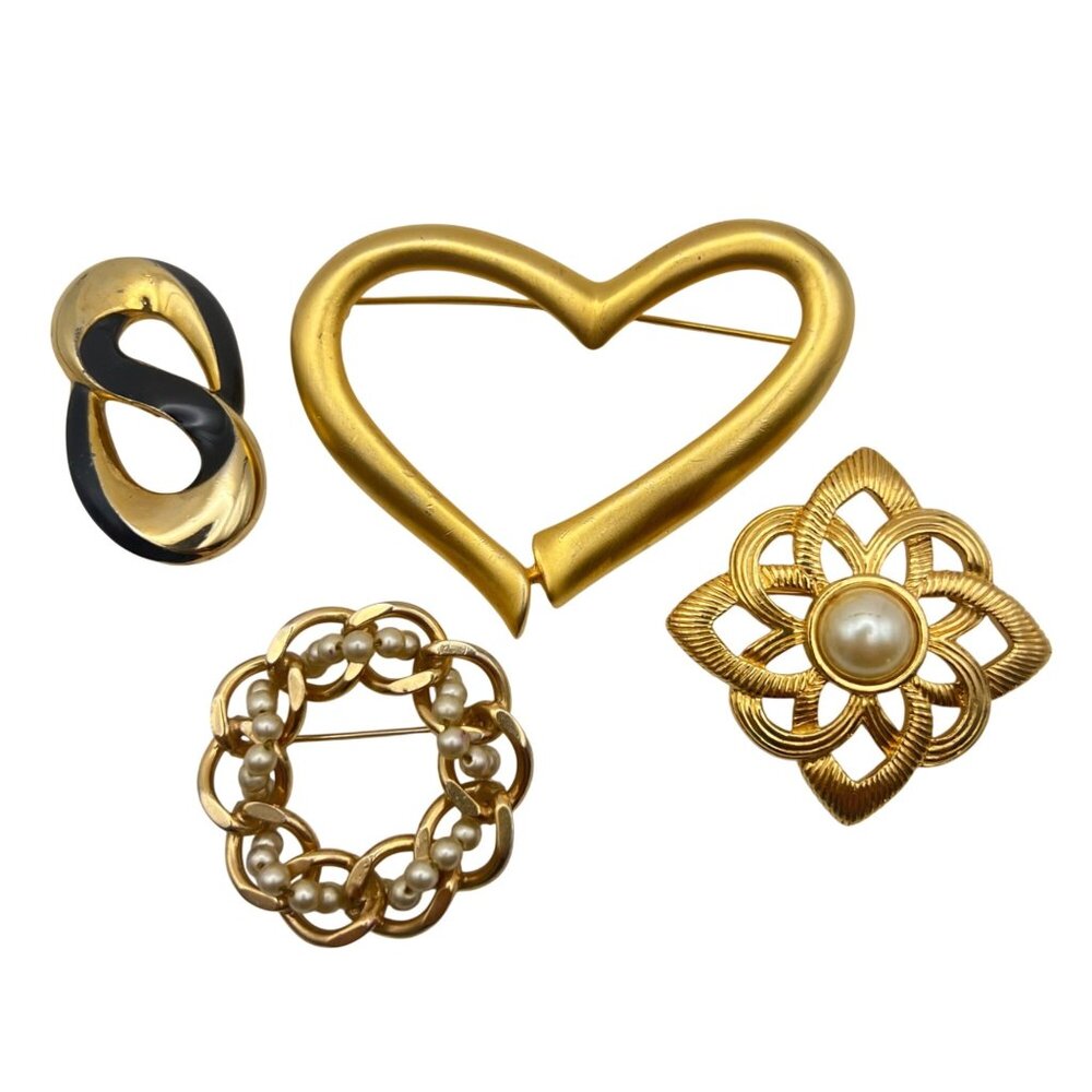 Vintage Gold Tone Brooch Lot Open Heart Floral Infinity Pearl Wreath Designs